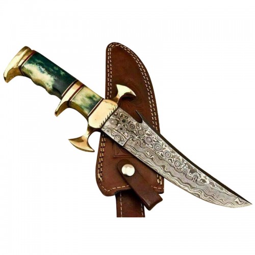 Damascus handmade hunting knife beautiful structure sharped blade with free leather sheath